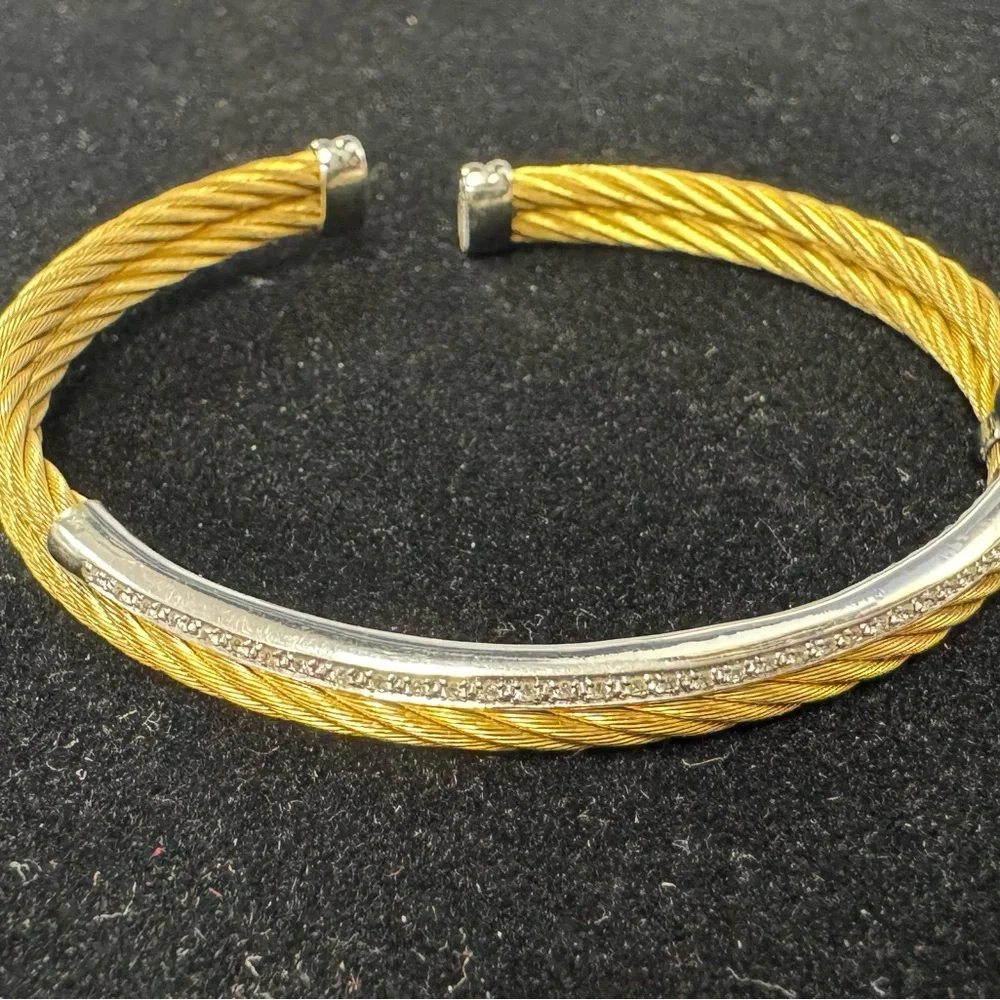 Phillip Charriol 18k Yellow Gold and Diamond Steel Cable Bracelet .19cm - Picture 4 of 11